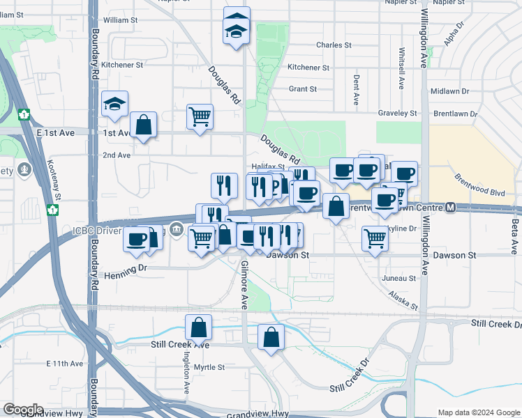 map of restaurants, bars, coffee shops, grocery stores, and more near in Burnaby