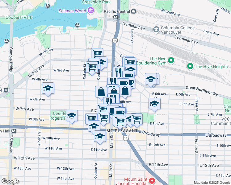 map of restaurants, bars, coffee shops, grocery stores, and more near 210 East 5th Avenue in Vancouver