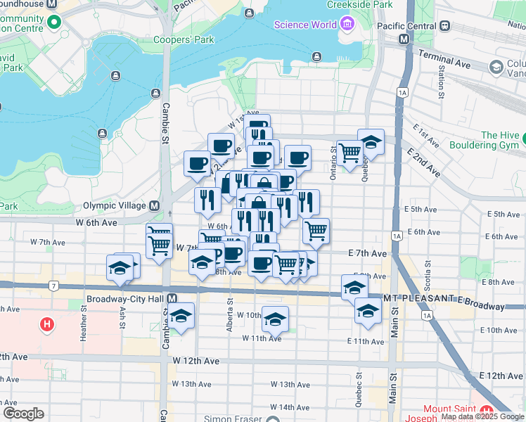 map of restaurants, bars, coffee shops, grocery stores, and more near 210 West 6th Avenue in Vancouver
