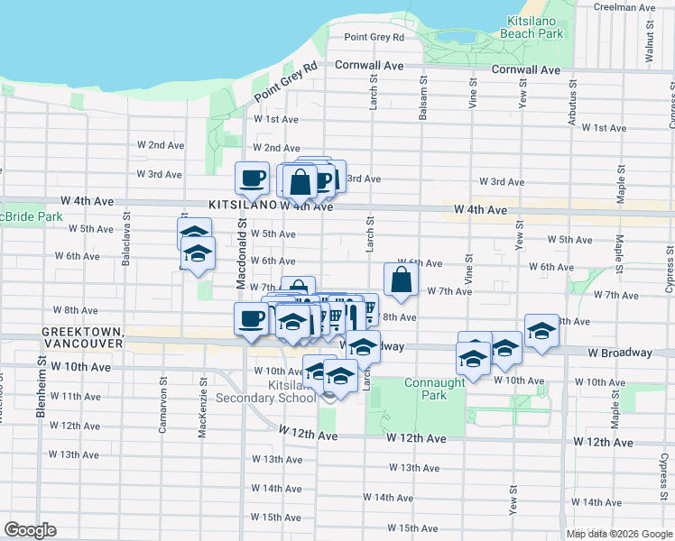 map of restaurants, bars, coffee shops, grocery stores, and more near 2564 West 6th Avenue in Vancouver