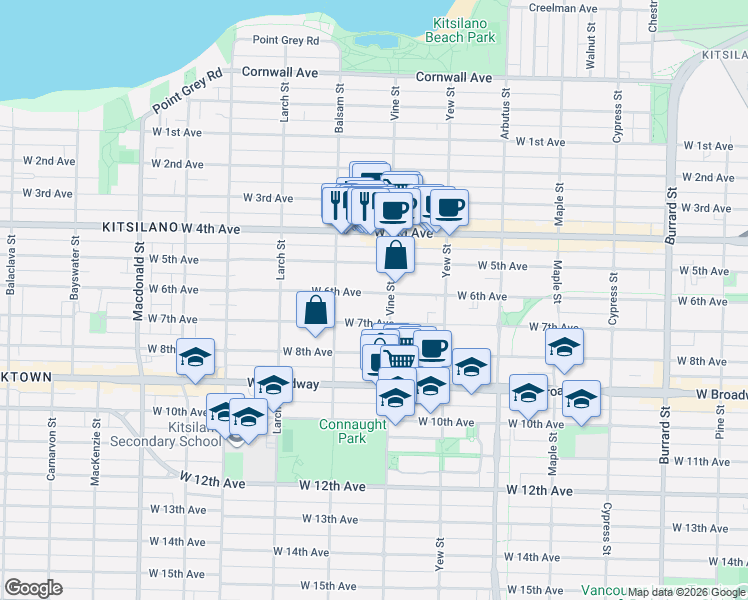 map of restaurants, bars, coffee shops, grocery stores, and more near 2324 West 6th Avenue in Vancouver