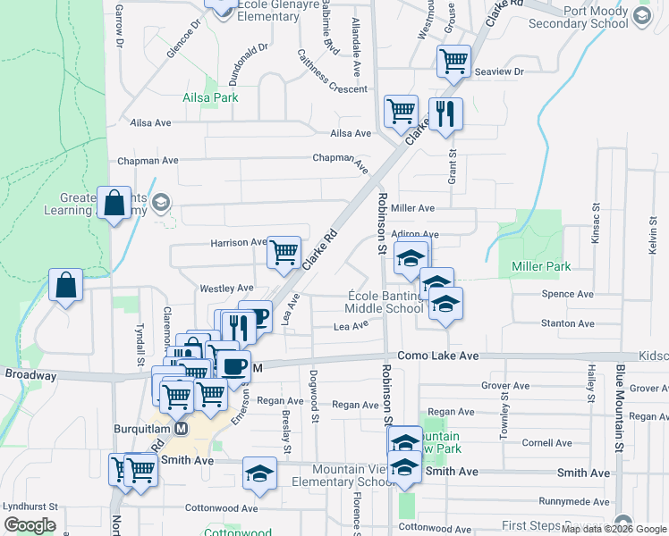 map of restaurants, bars, coffee shops, grocery stores, and more near 721 Anskar Court in Port Moody