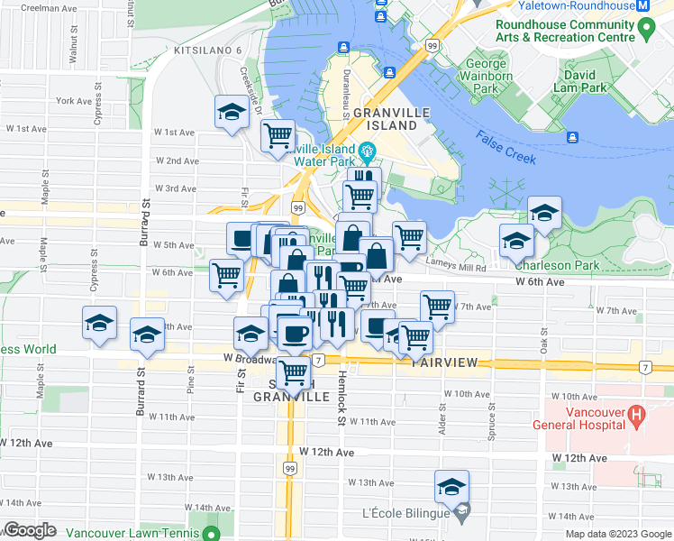 map of restaurants, bars, coffee shops, grocery stores, and more near 1409 West 6th Avenue in Vancouver