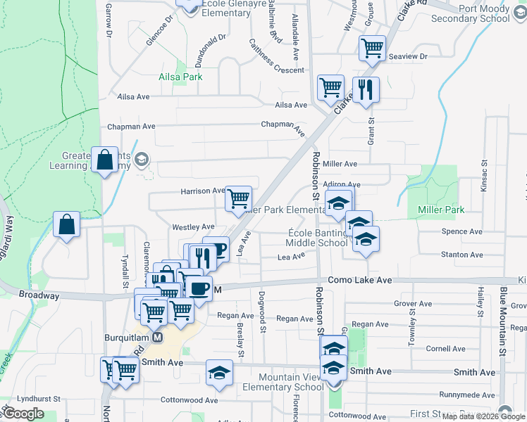 map of restaurants, bars, coffee shops, grocery stores, and more near 712 Anskar Court in Coquitlam