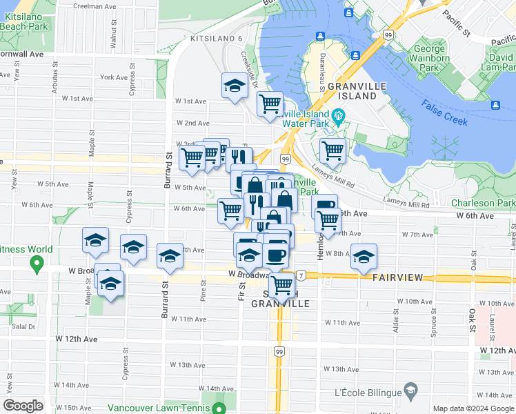 map of restaurants, bars, coffee shops, grocery stores, and more near 1565 West 6th Avenue in Vancouver