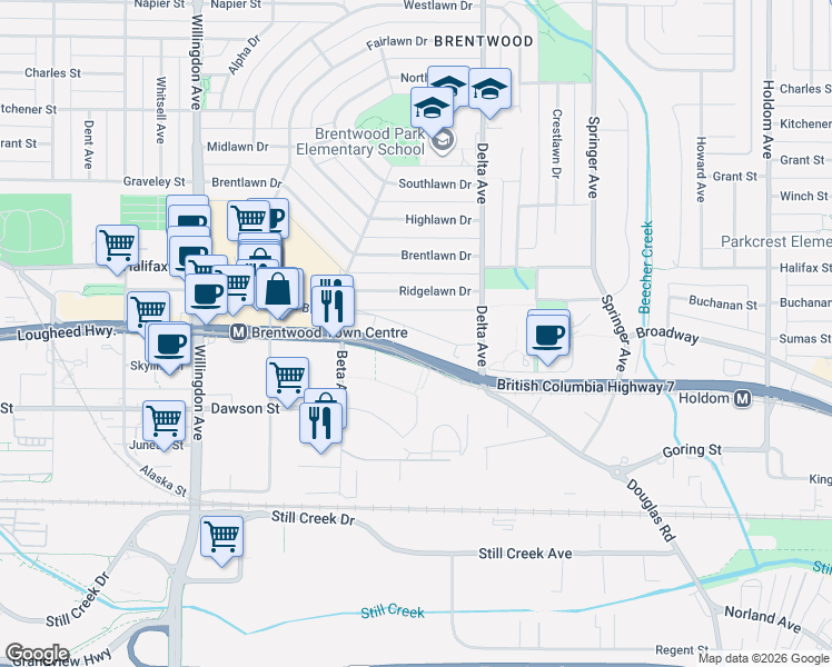 map of restaurants, bars, coffee shops, grocery stores, and more near 4788 Brentwood Drive in Burnaby