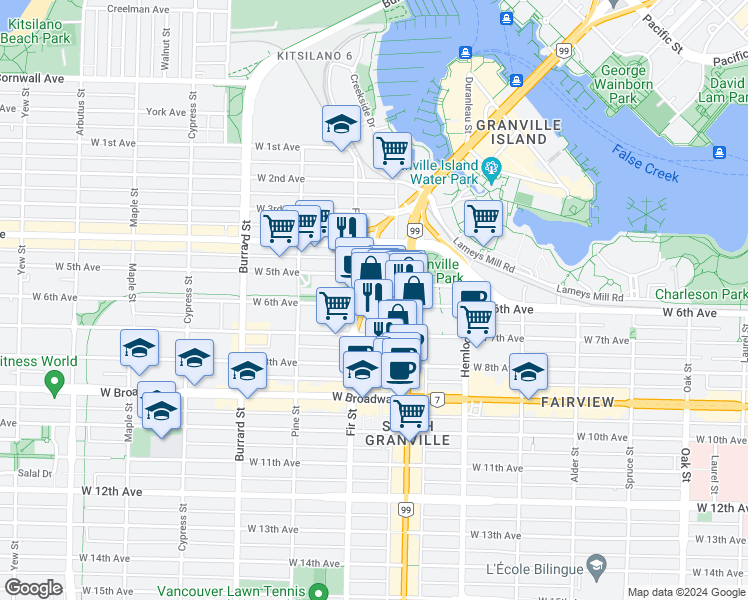 map of restaurants, bars, coffee shops, grocery stores, and more near 503 West 6th Avenue in Vancouver