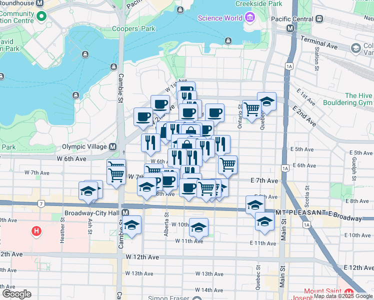 map of restaurants, bars, coffee shops, grocery stores, and more near 210 West 6th Avenue in Vancouver