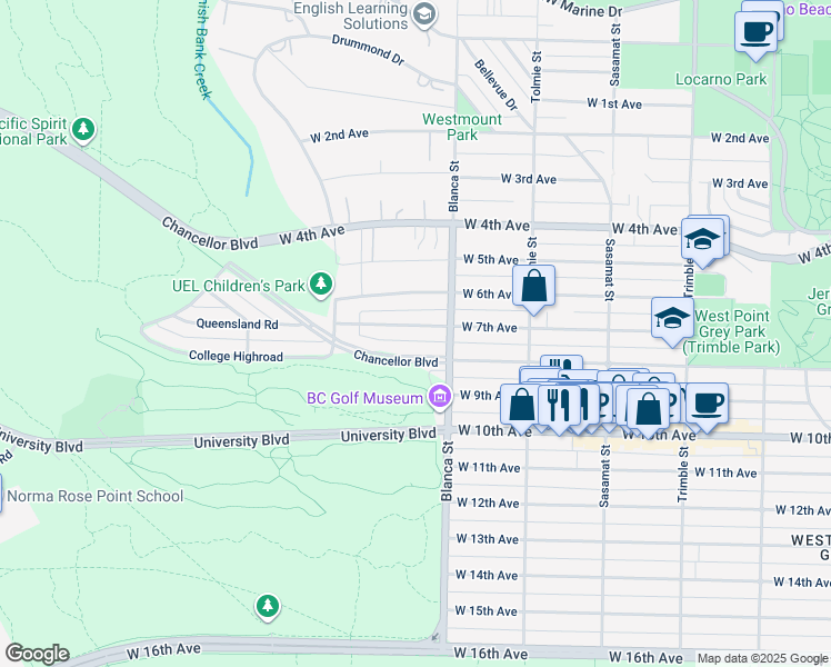 map of restaurants, bars, coffee shops, grocery stores, and more near 4726 West 7th Avenue in Vancouver
