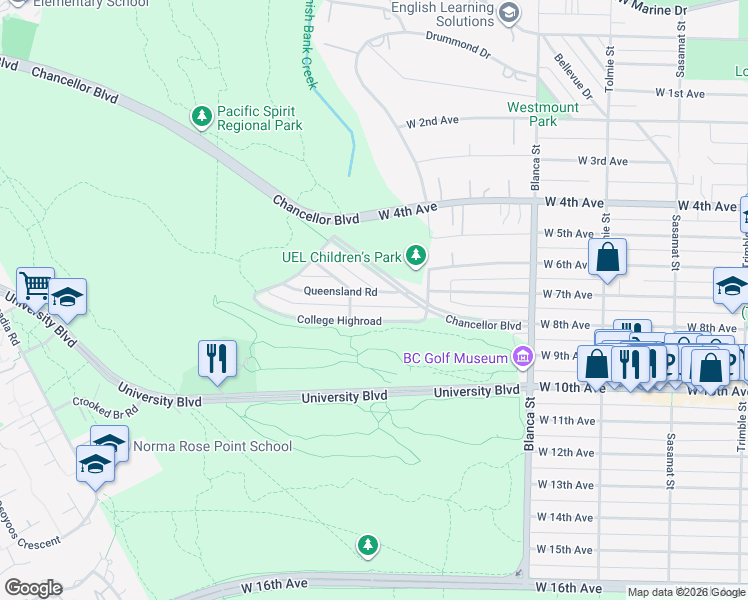map of restaurants, bars, coffee shops, grocery stores, and more near 4862 Queensland Road in Vancouver