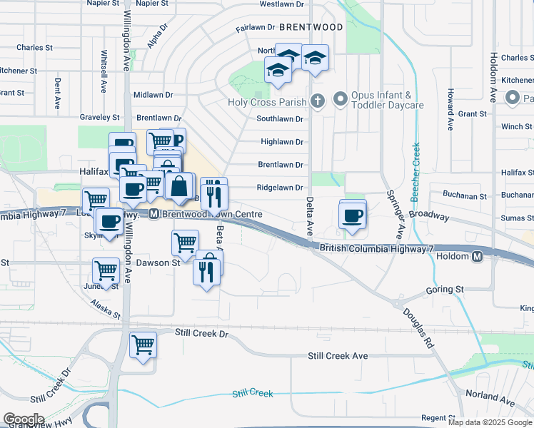 map of restaurants, bars, coffee shops, grocery stores, and more near 4788 Brentwood Drive in Burnaby