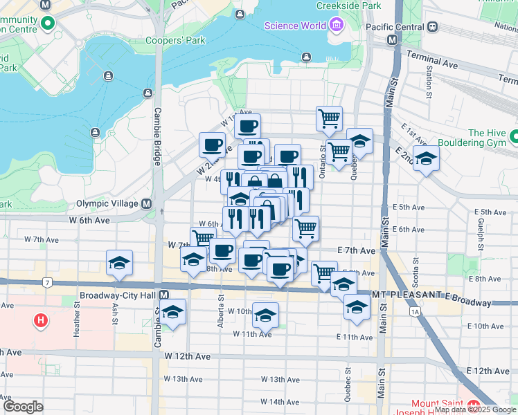 map of restaurants, bars, coffee shops, grocery stores, and more near 165 West 6th Avenue in Vancouver