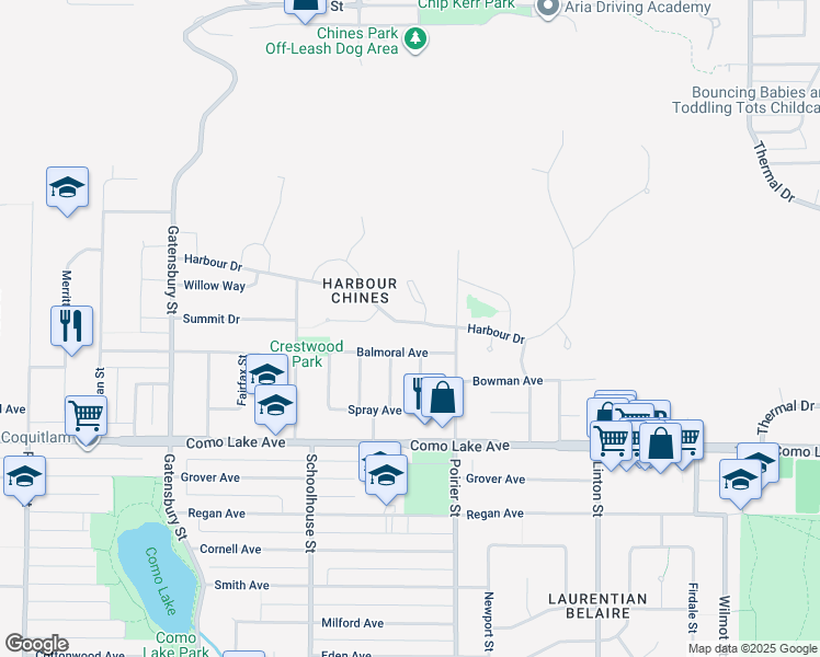 map of restaurants, bars, coffee shops, grocery stores, and more near 1634 Harbour Drive in Coquitlam