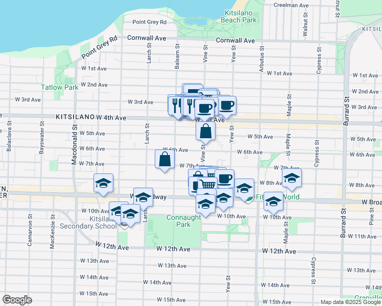 map of restaurants, bars, coffee shops, grocery stores, and more near 2342 West 6th Avenue in Vancouver