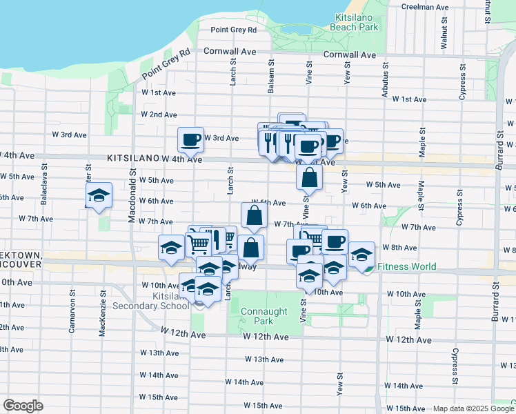 map of restaurants, bars, coffee shops, grocery stores, and more near 2420 West 6th Avenue in Vancouver