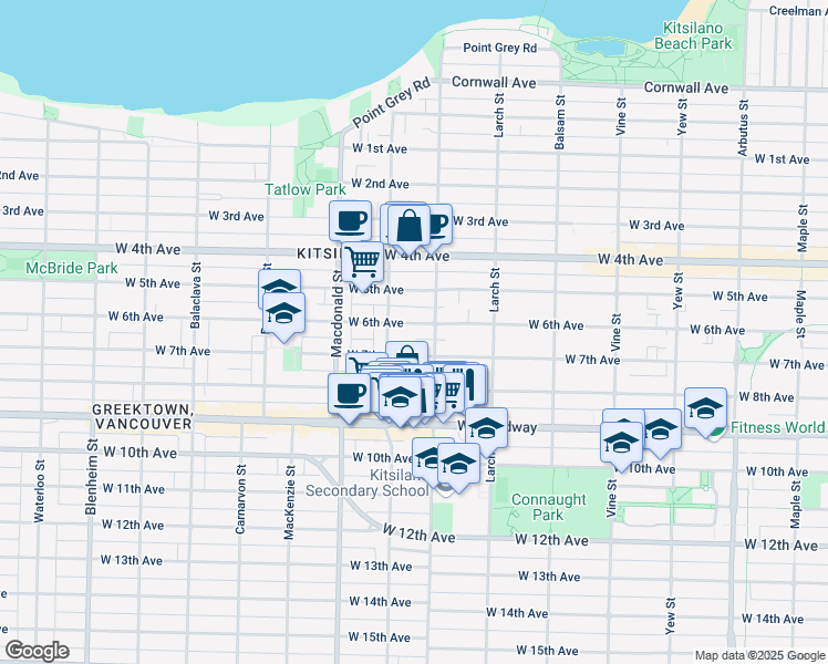map of restaurants, bars, coffee shops, grocery stores, and more near 2632 West 6th Avenue in Vancouver