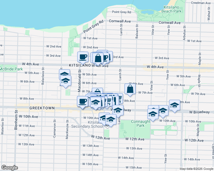 map of restaurants, bars, coffee shops, grocery stores, and more near 2582 West 6th Avenue in Vancouver