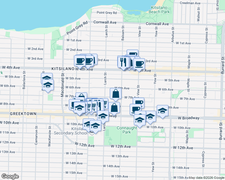 map of restaurants, bars, coffee shops, grocery stores, and more near 2460 West 6th Avenue in Vancouver