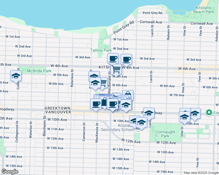 map of restaurants, bars, coffee shops, grocery stores, and more near 2216 Macdonald Street in Vancouver