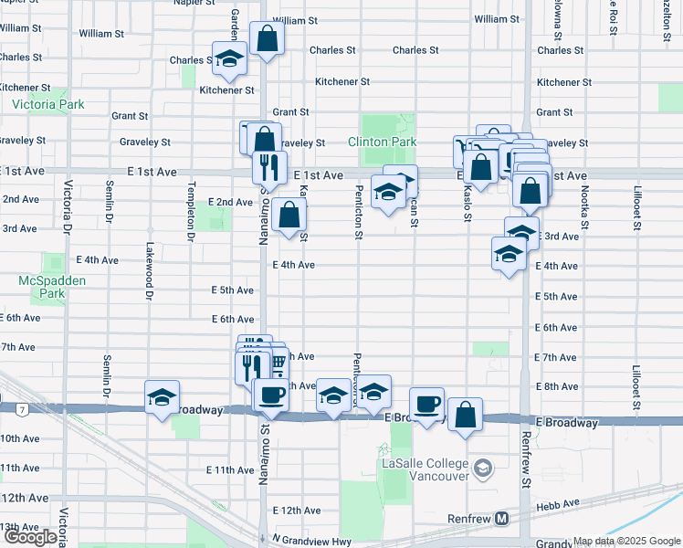 map of restaurants, bars, coffee shops, grocery stores, and more near 2578 East 4th Avenue in Vancouver