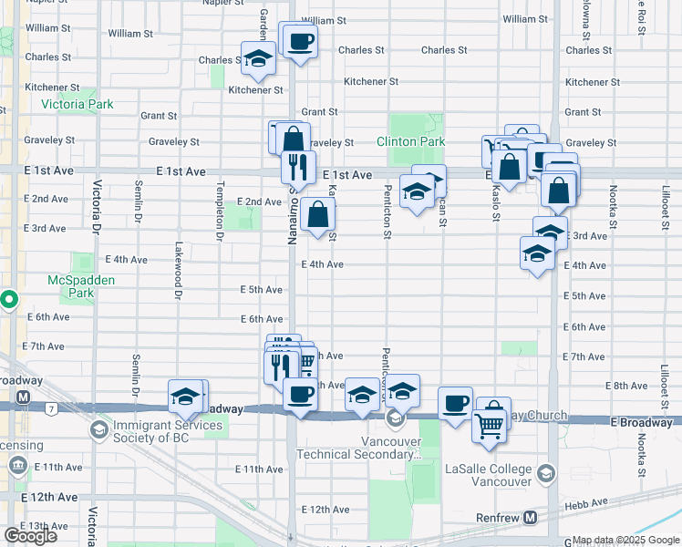 map of restaurants, bars, coffee shops, grocery stores, and more near in Vancouver