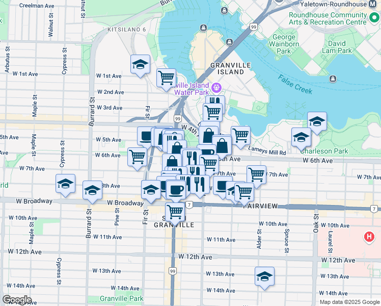 map of restaurants, bars, coffee shops, grocery stores, and more near in Vancouver
