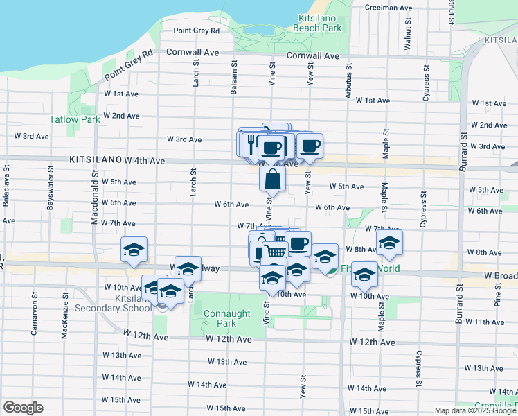 map of restaurants, bars, coffee shops, grocery stores, and more near in Vancouver
