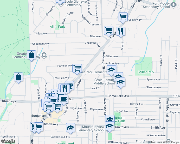 map of restaurants, bars, coffee shops, grocery stores, and more near 721 Anskar Court in Port Moody