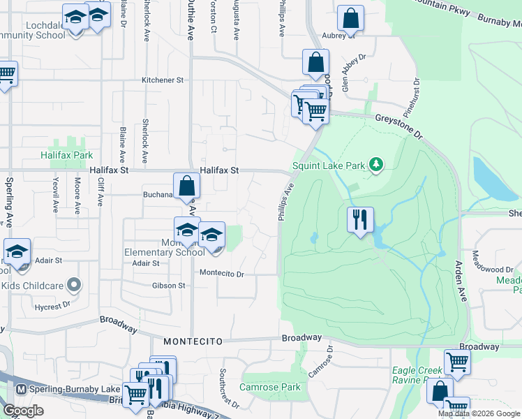 map of restaurants, bars, coffee shops, grocery stores, and more near 7326 Capistrano Drive in Burnaby