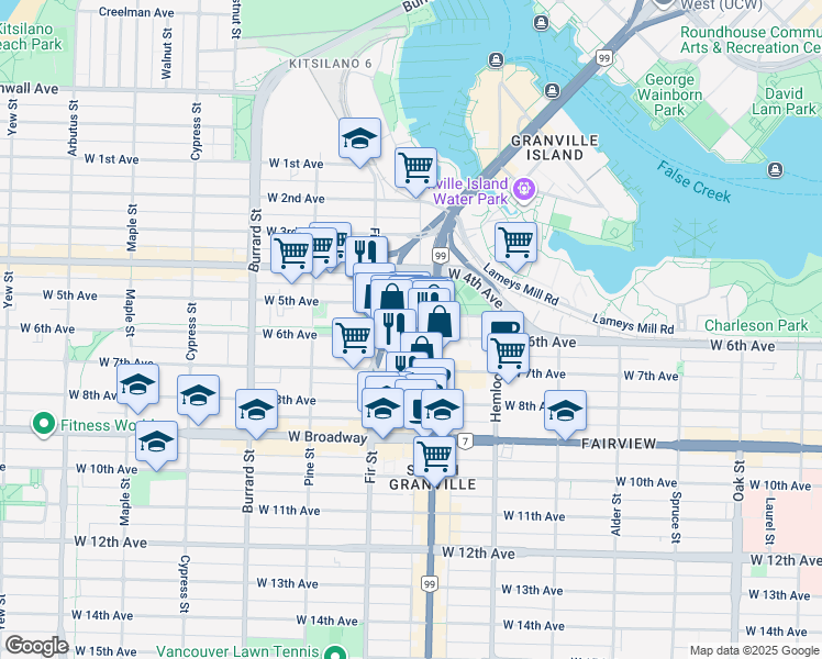 map of restaurants, bars, coffee shops, grocery stores, and more near 1529 West 6th Avenue in Vancouver