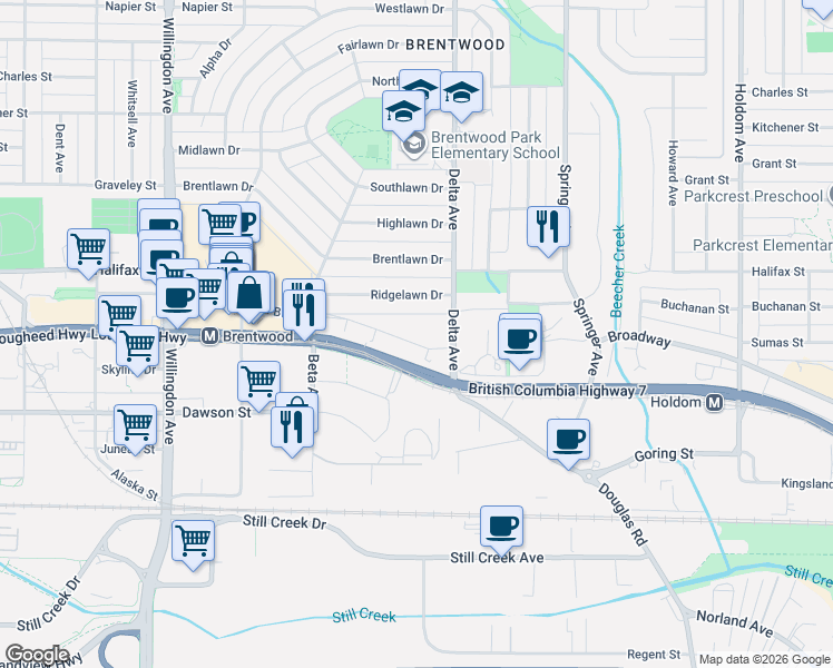map of restaurants, bars, coffee shops, grocery stores, and more near 4833 Brentwood Drive in Burnaby