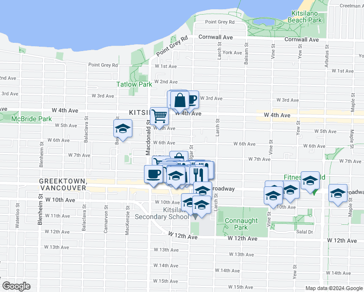 map of restaurants, bars, coffee shops, grocery stores, and more near 2632 West 6th Avenue in Vancouver