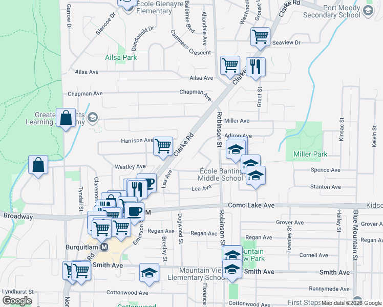 map of restaurants, bars, coffee shops, grocery stores, and more near 721 Anskar Court in Port Moody