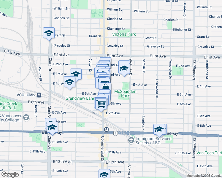 map of restaurants, bars, coffee shops, grocery stores, and more near McSpadden Avenue in Vancouver