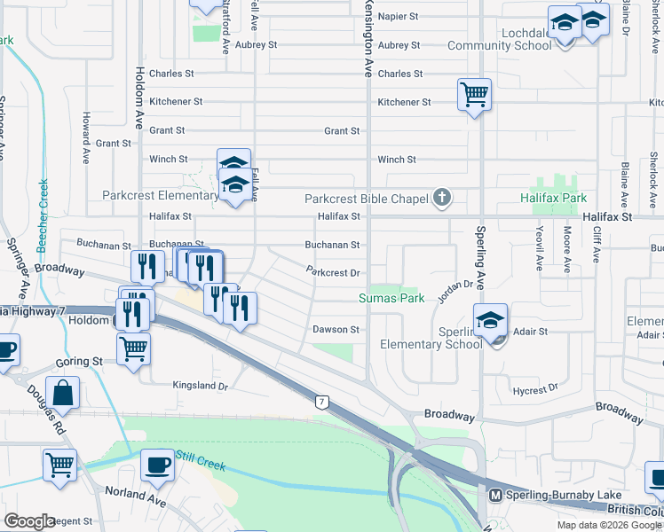 map of restaurants, bars, coffee shops, grocery stores, and more near 6347 Parkcrest Drive in Burnaby