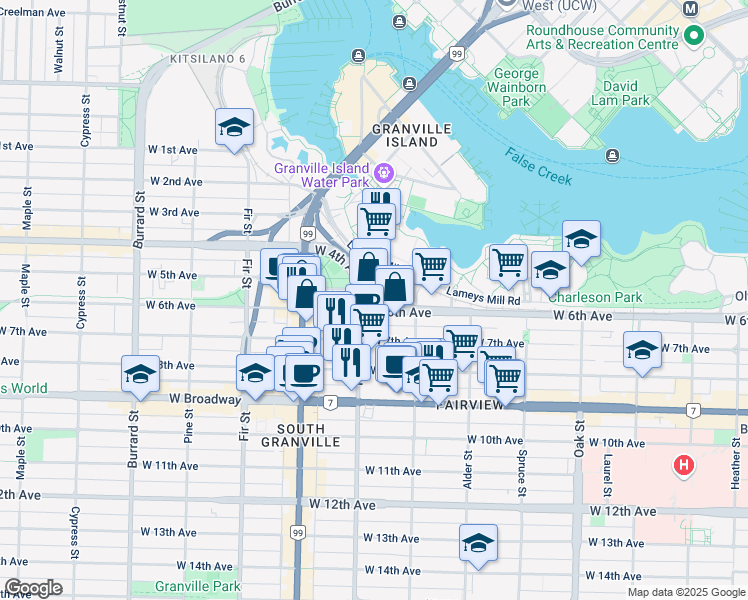 map of restaurants, bars, coffee shops, grocery stores, and more near in Vancouver
