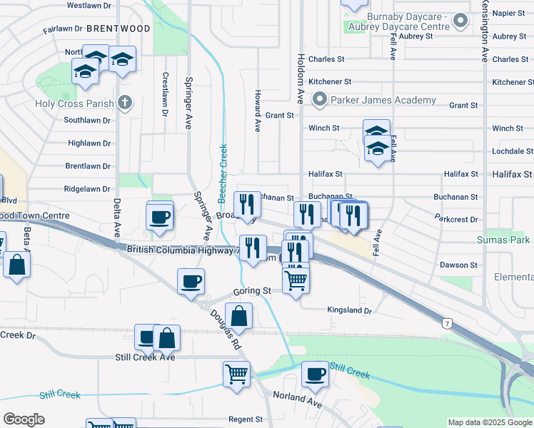 map of restaurants, bars, coffee shops, grocery stores, and more near 5531 Broadway in Burnaby