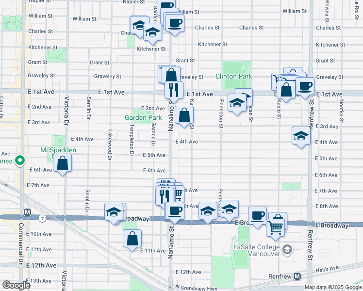 map of restaurants, bars, coffee shops, grocery stores, and more near 2438 East 4th Avenue in Vancouver