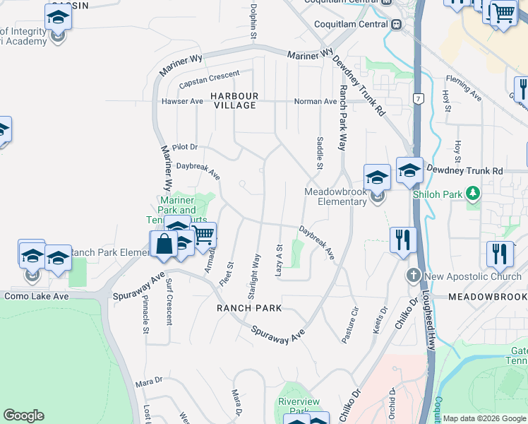 map of restaurants, bars, coffee shops, grocery stores, and more near 3071 Starlight Way in Coquitlam