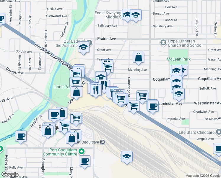 map of restaurants, bars, coffee shops, grocery stores, and more near 2099 Lougheed Highway in Port Coquitlam
