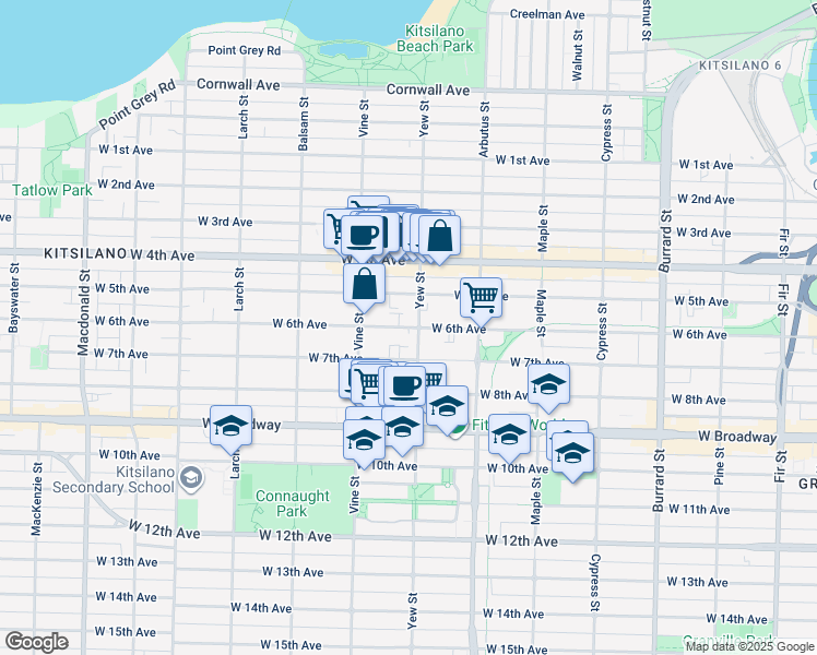 map of restaurants, bars, coffee shops, grocery stores, and more near 2214 West 6th Avenue in Vancouver