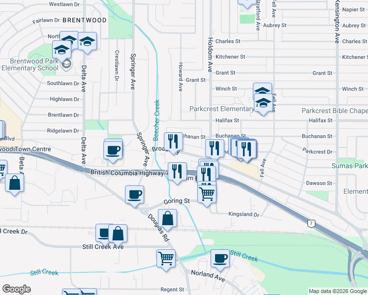 map of restaurants, bars, coffee shops, grocery stores, and more near 5530 Broadway in Burnaby