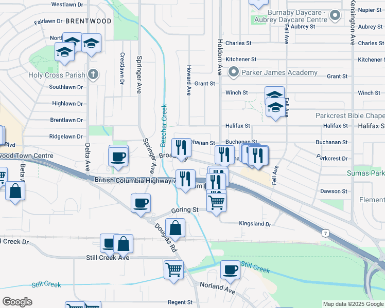 map of restaurants, bars, coffee shops, grocery stores, and more near 5521 Broadway in Burnaby