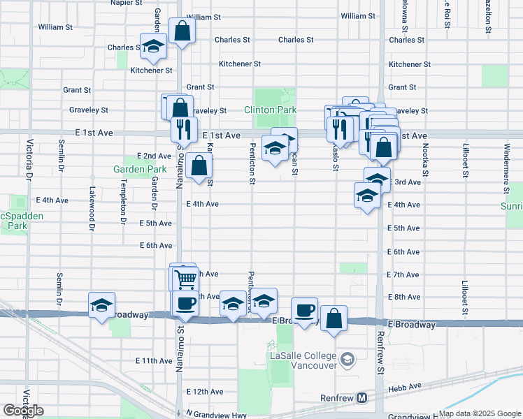 map of restaurants, bars, coffee shops, grocery stores, and more near 2616 East 4th Avenue in Vancouver
