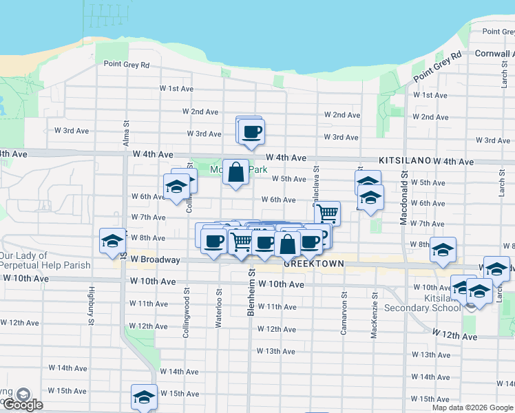 map of restaurants, bars, coffee shops, grocery stores, and more near 2218 Blenheim Street in Vancouver