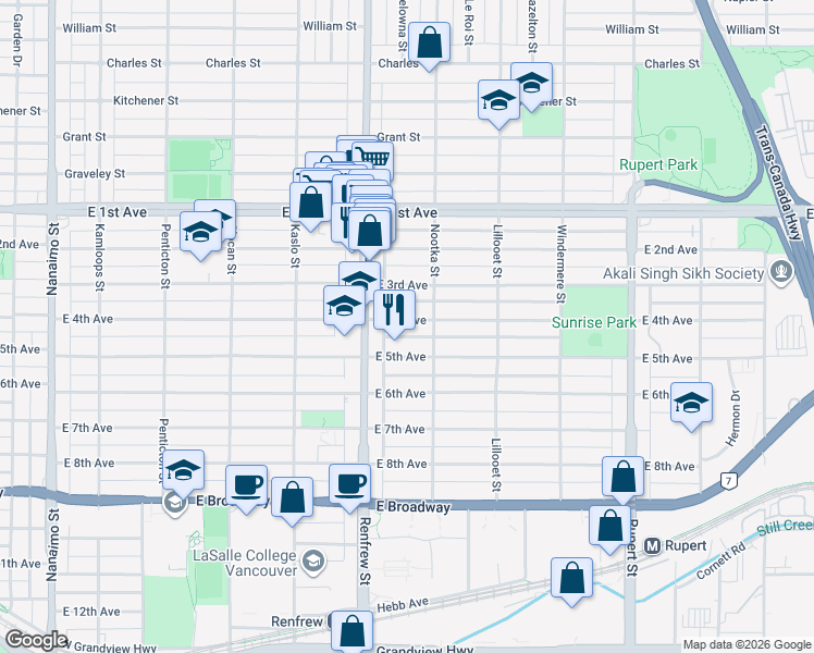 map of restaurants, bars, coffee shops, grocery stores, and more near 2958 East 4th Avenue in Vancouver
