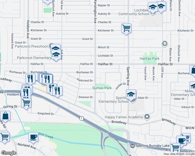 map of restaurants, bars, coffee shops, grocery stores, and more near 1988 Kensington Avenue in Burnaby