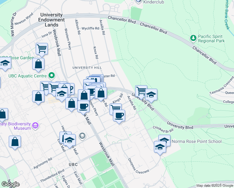 map of restaurants, bars, coffee shops, grocery stores, and more near 5600 Dalhousie Road in Vancouver