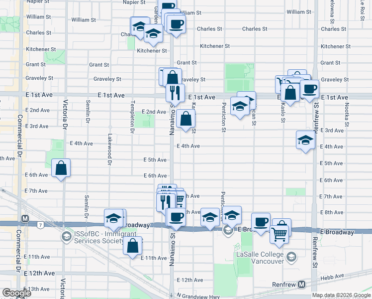 map of restaurants, bars, coffee shops, grocery stores, and more near 2468 East 4th Avenue in Vancouver