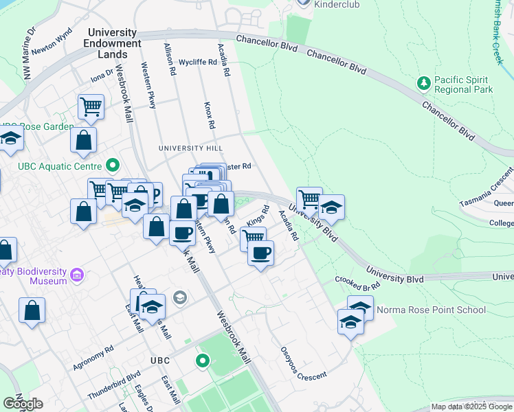 map of restaurants, bars, coffee shops, grocery stores, and more near 5600 Dalhousie Road in Vancouver